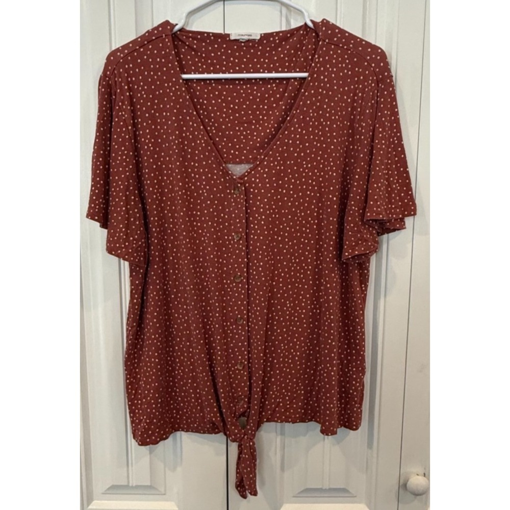 Maurices Women's XL Rust Polka Dot Blouse Button Front V Neck Tie Waist Top